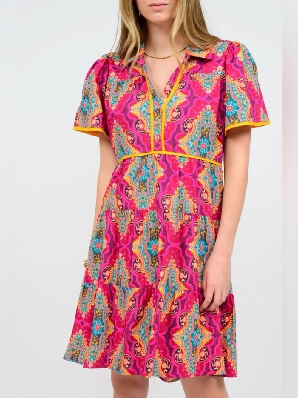 NWT Uncle Frank Medallion Tiered Cotton Dress Cherry Pink Boho Paisley Small